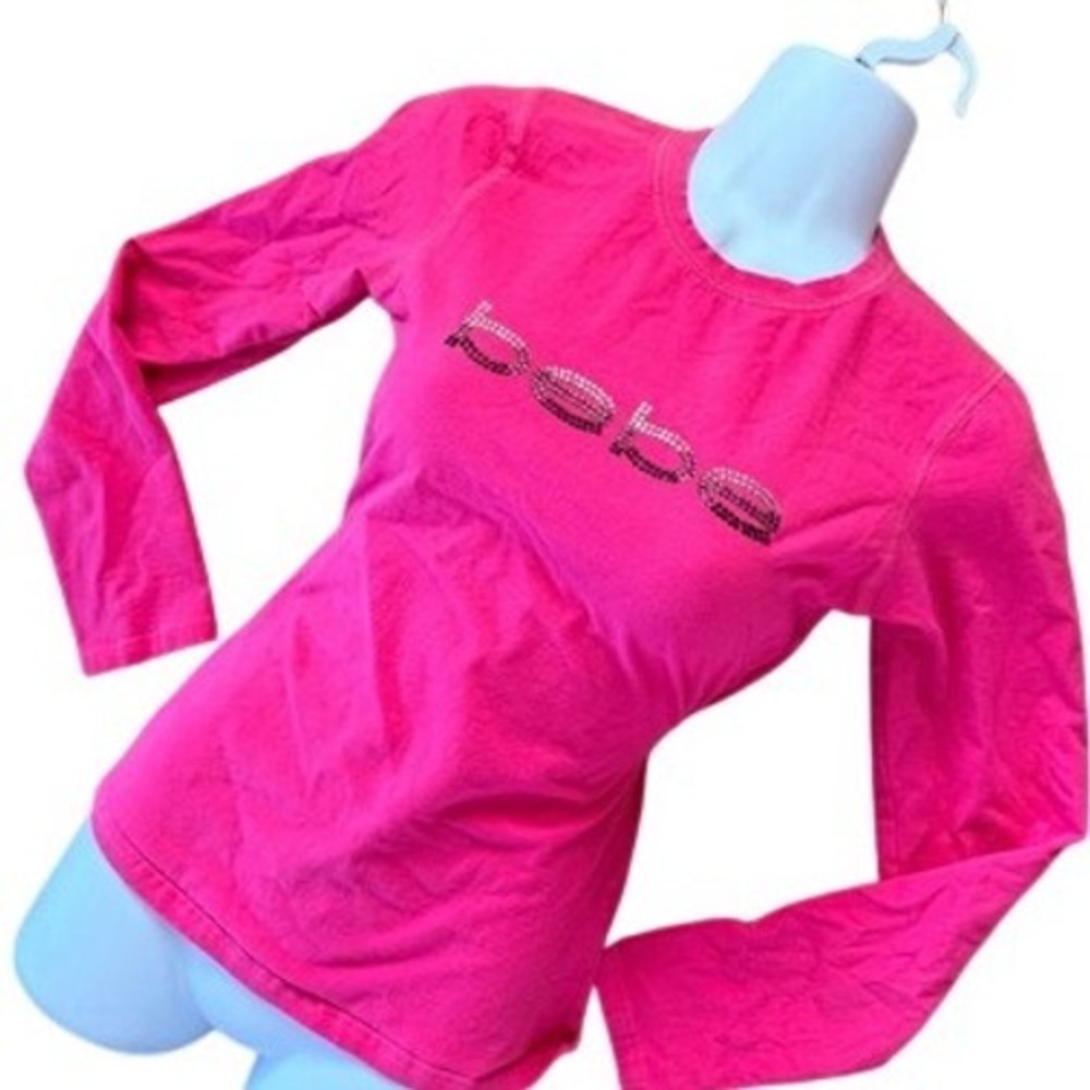 Y2K 2000s style Bebe Hot Pink Rhinestone Logo Long‎ Sleeve Top